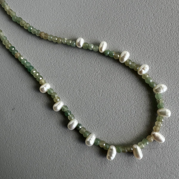 Green Quartz + White Pearl Choker (15”)