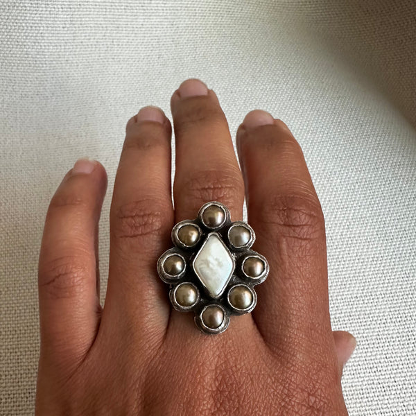 Pearl Diamond Rosette Ring