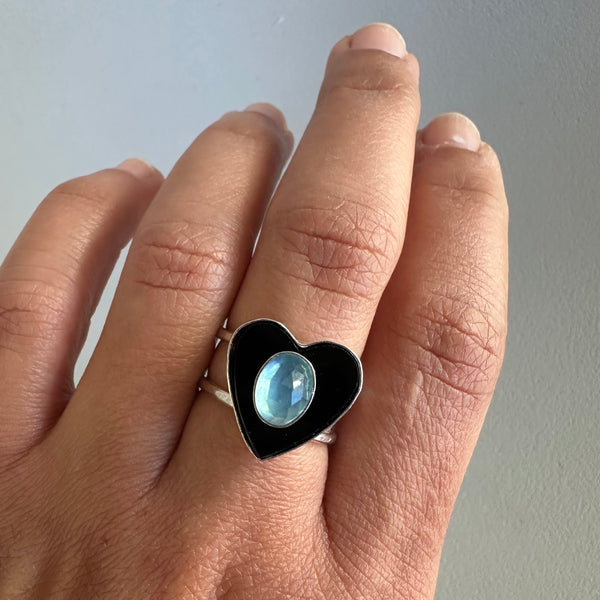 Aquamarine + Black Heart (Ring or Pendant)