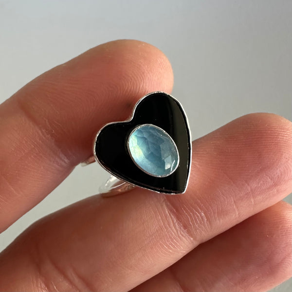 Aquamarine + Black Heart (Ring or Pendant)