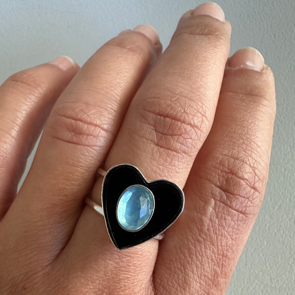 Aquamarine + Black Heart (Ring or Pendant)