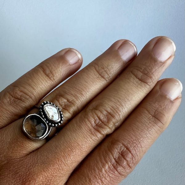 Smoky Quartz + Pearl Ring