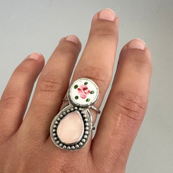 Rose Quartz + Vintage Enamel Ring