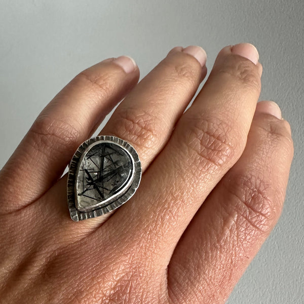 Tourmalinated Quartz Teardrop Ring