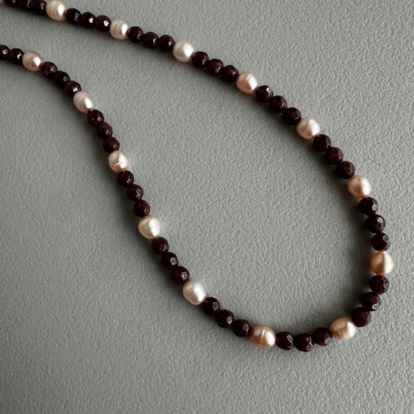 Garnet + Pink Pearl Necklace (16”)