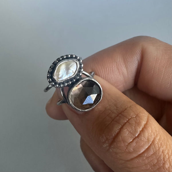 Smoky Quartz + Pearl Ring