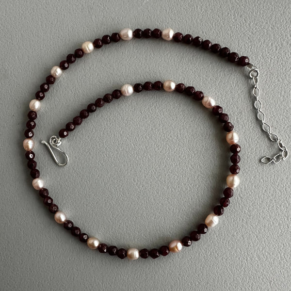 Garnet + Pink Pearl Necklace (16”)