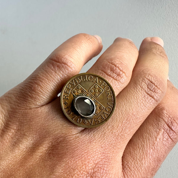 Gray Moonstone on Coin Ring