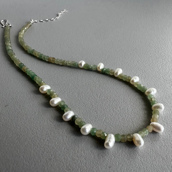 Green Quartz + White Pearl Choker (15”)