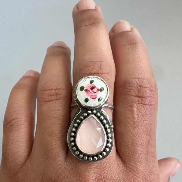 Rose Quartz + Vintage Enamel Ring