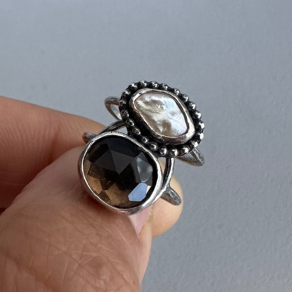 Smoky Quartz + Pearl Ring