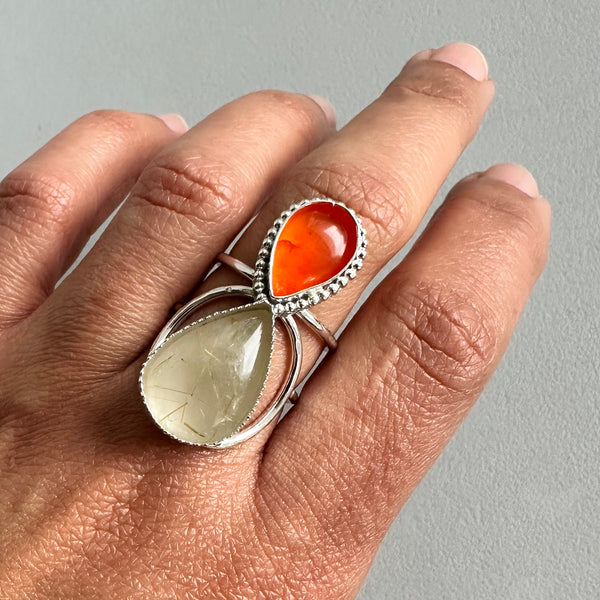 Rutilated Quartz + Carnelian Ring