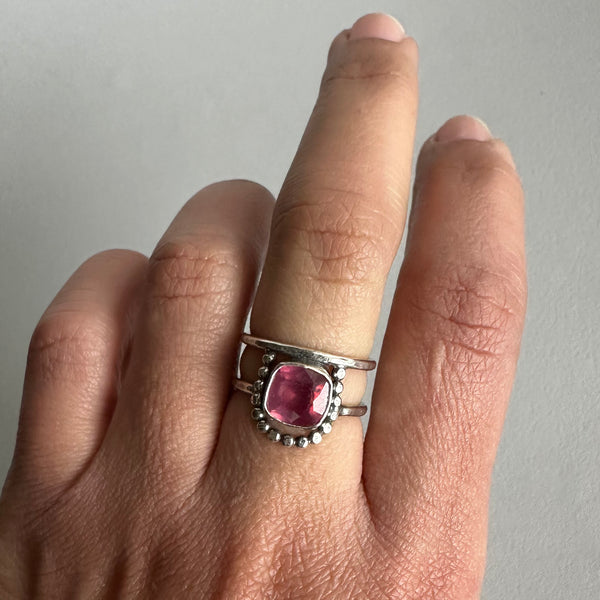 Pink Cushion Sapphire Arch Ring