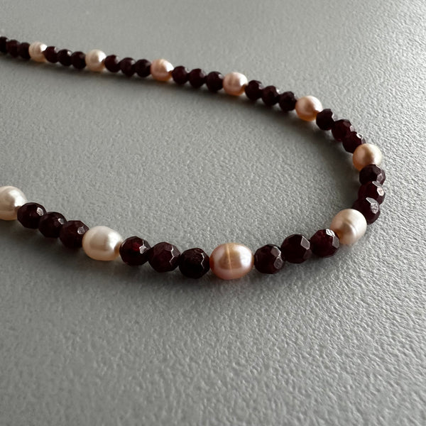Garnet + Pink Pearl Necklace (16”)