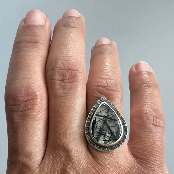 Tourmalinated Quartz Teardrop Ring