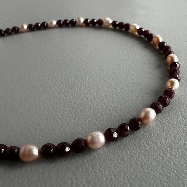 Garnet + Pink Pearl Necklace (16”)