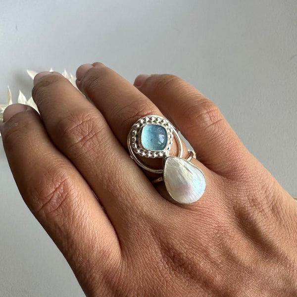 Teardrop Pearl + Square Aquamarine