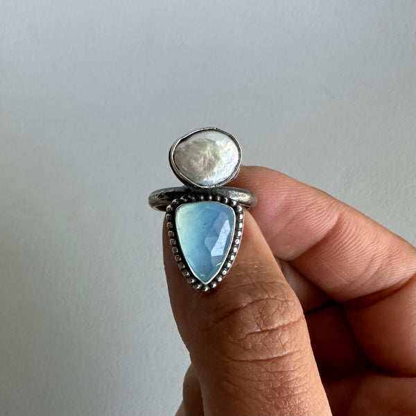 Blister Pearl + Aquamarine Ring
