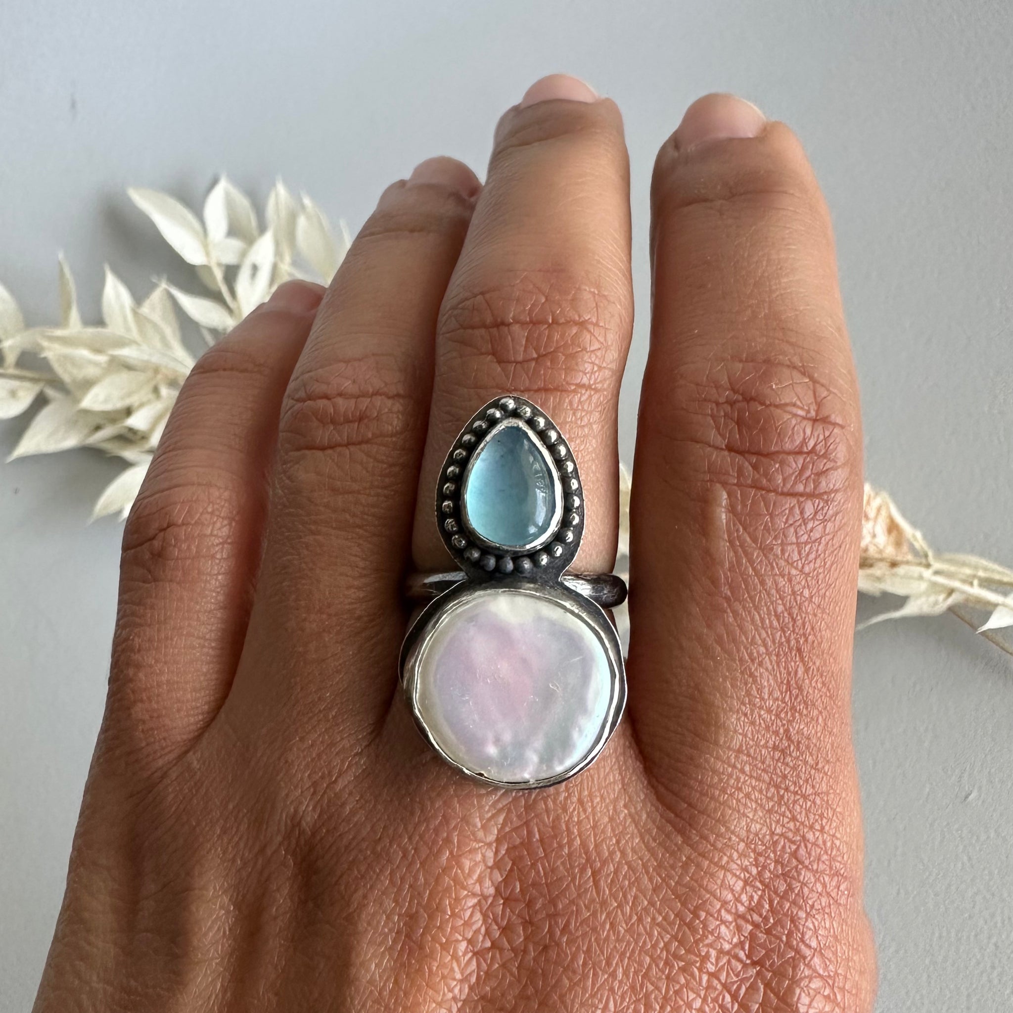 Round Pearl + Aquamarine Ring