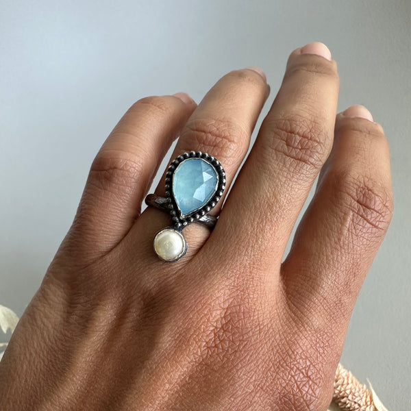 Aquamarine + Pearl Dot Ring