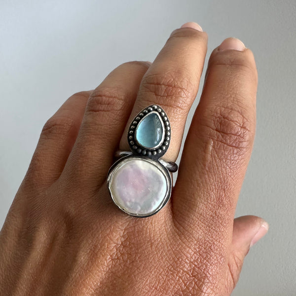 Round Pearl + Aquamarine Ring