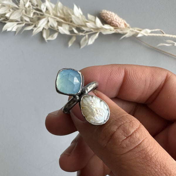 Carved Pearl + Aquamarine Ring