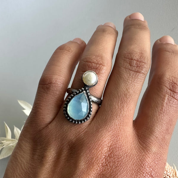 Aquamarine + Pearl Dot Ring