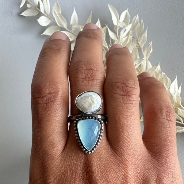 Blister Pearl + Aquamarine Ring