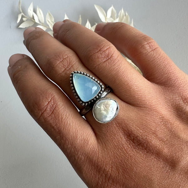 Blister Pearl + Aquamarine Ring
