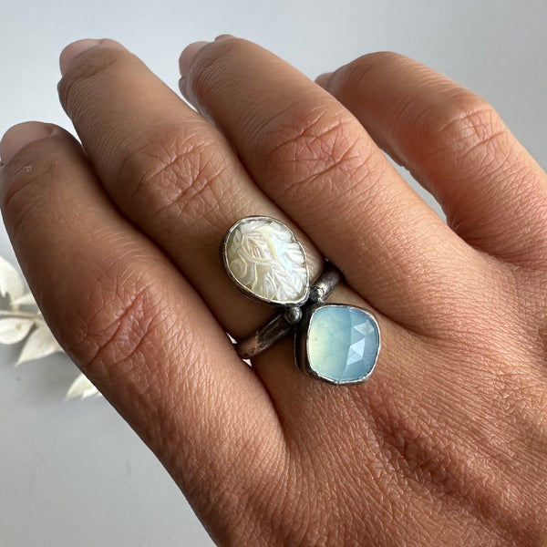 Carved Pearl + Aquamarine Ring