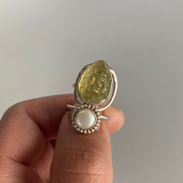 Yellow Quartz + Pearl Venus Ring