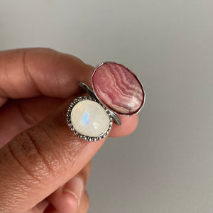 Stacked Stones Ring : Rhodochrosite + Moonstone